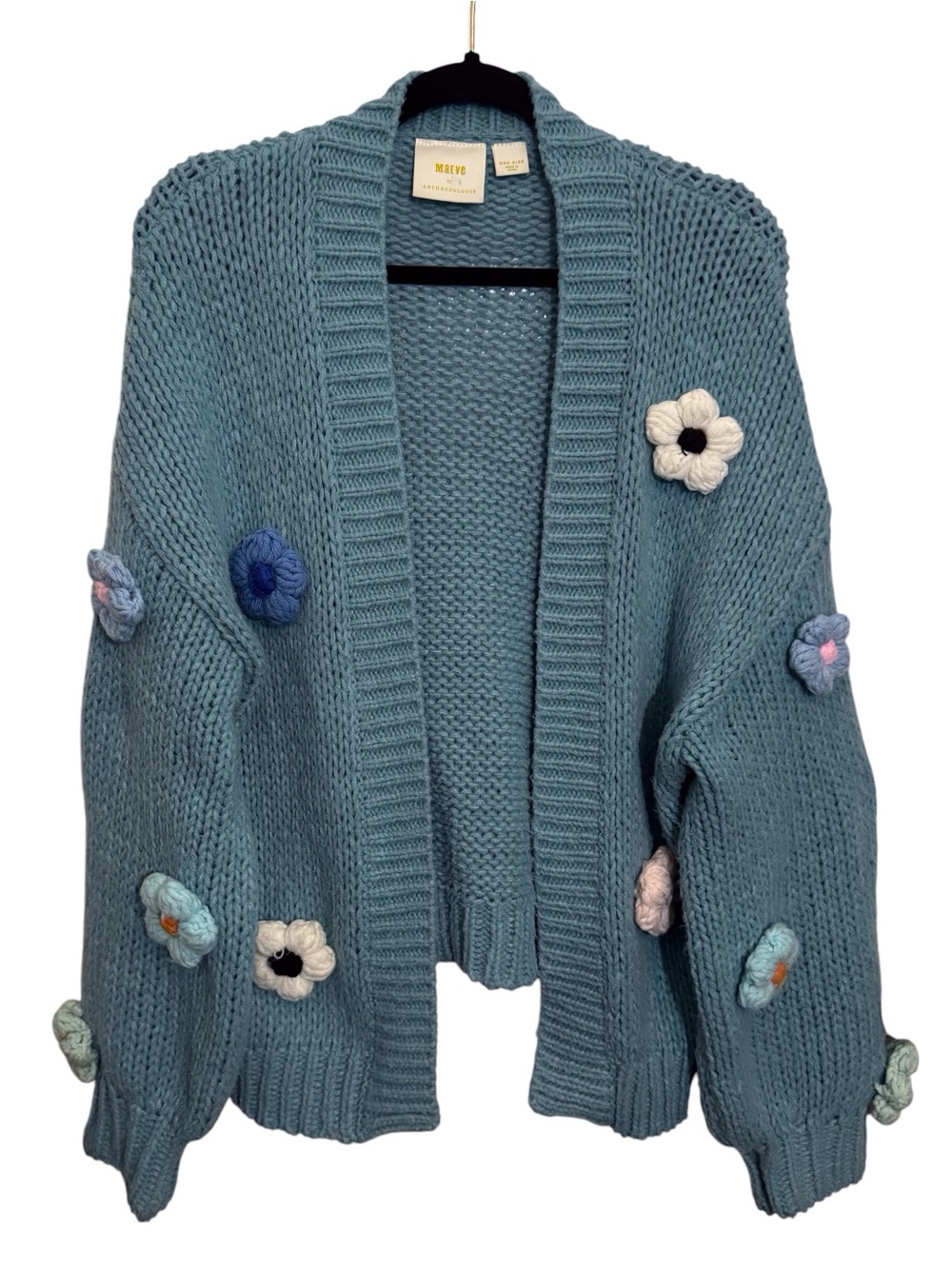 Maeve Anthro One Size Blue Chunky 3D Floral Cardigan Sweater Boho Cottagecore
